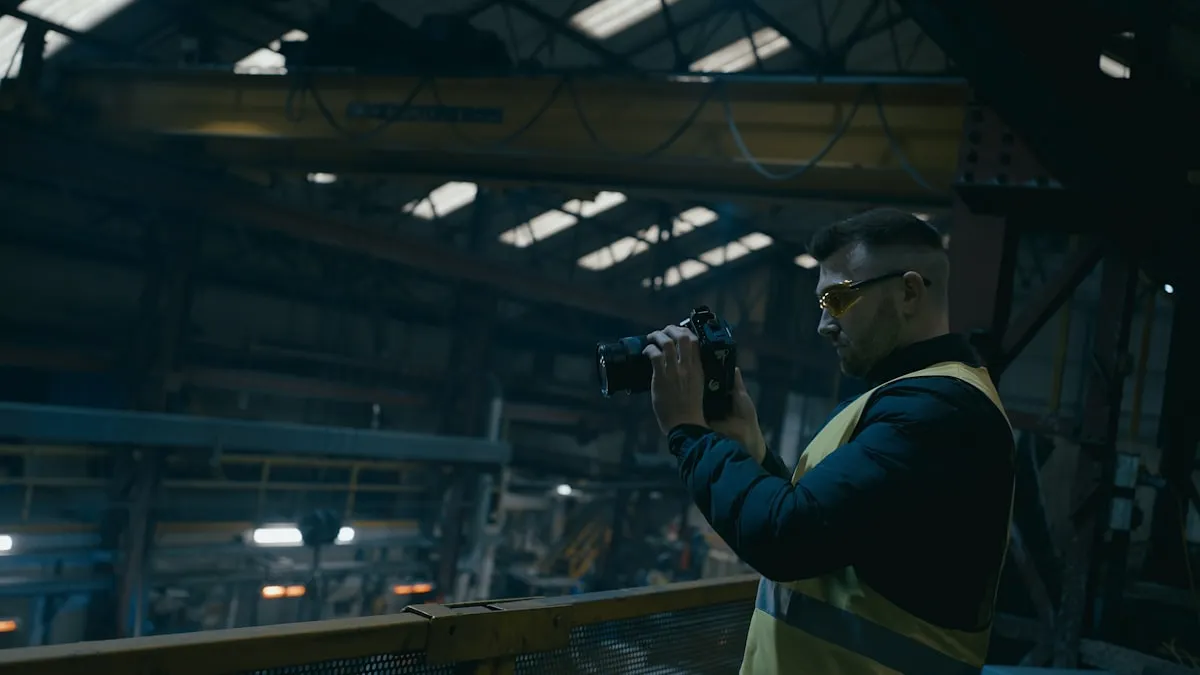 a man in a yellow vest holding a camera